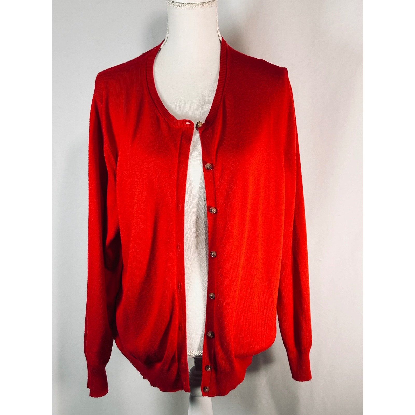 Ann Taylor Red Crew Neck Button Front Cardigan Sweater Womens Xl Viscose Blend